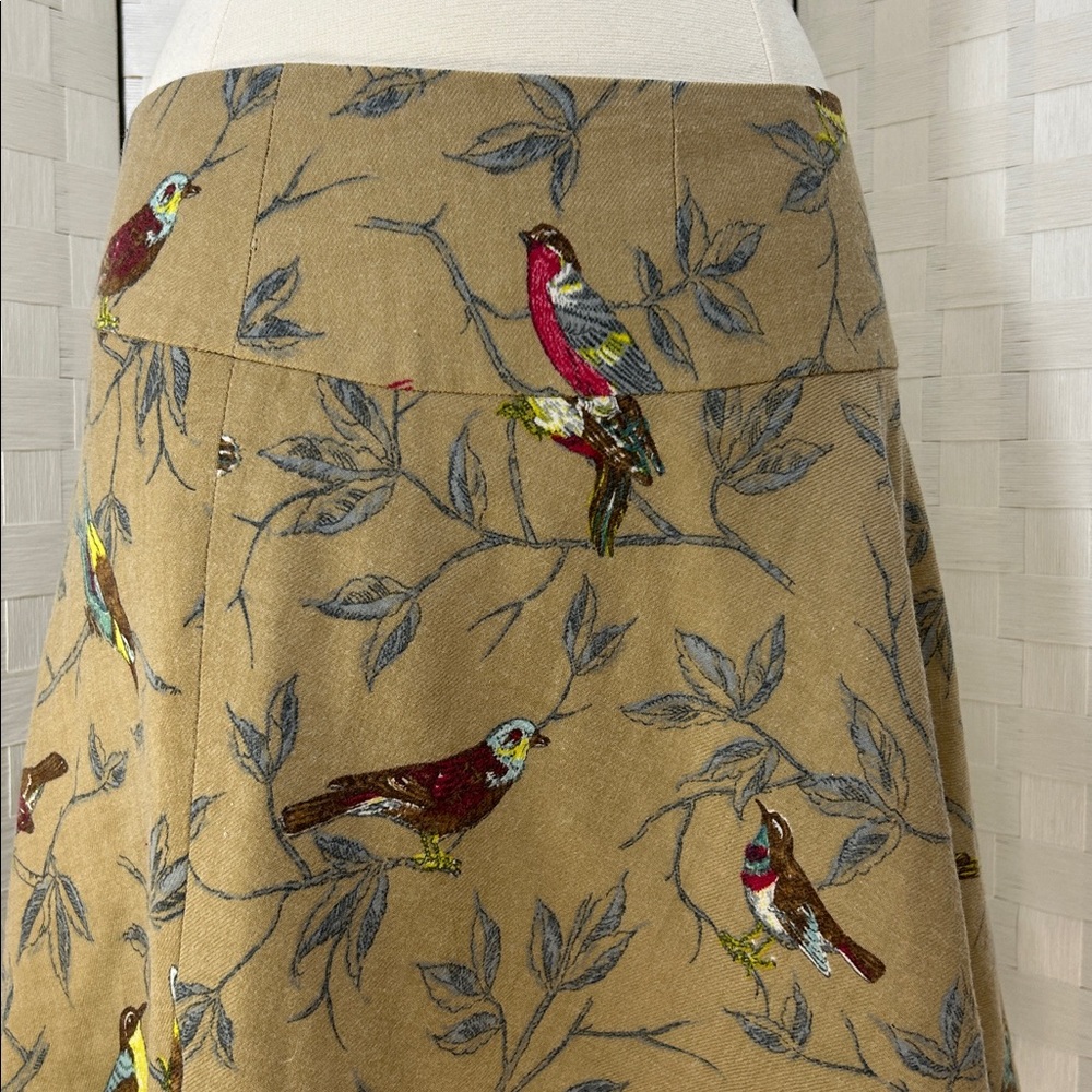 Anthropologie Elevenses Wool A-Line Skirt with Bird Print, tan, gray, red. - Picture 3 of 10